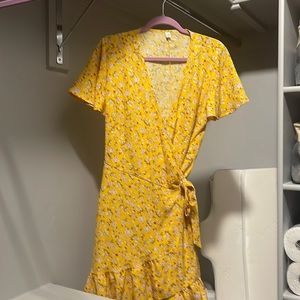 Yellow, floral wrap dress.  Worn once